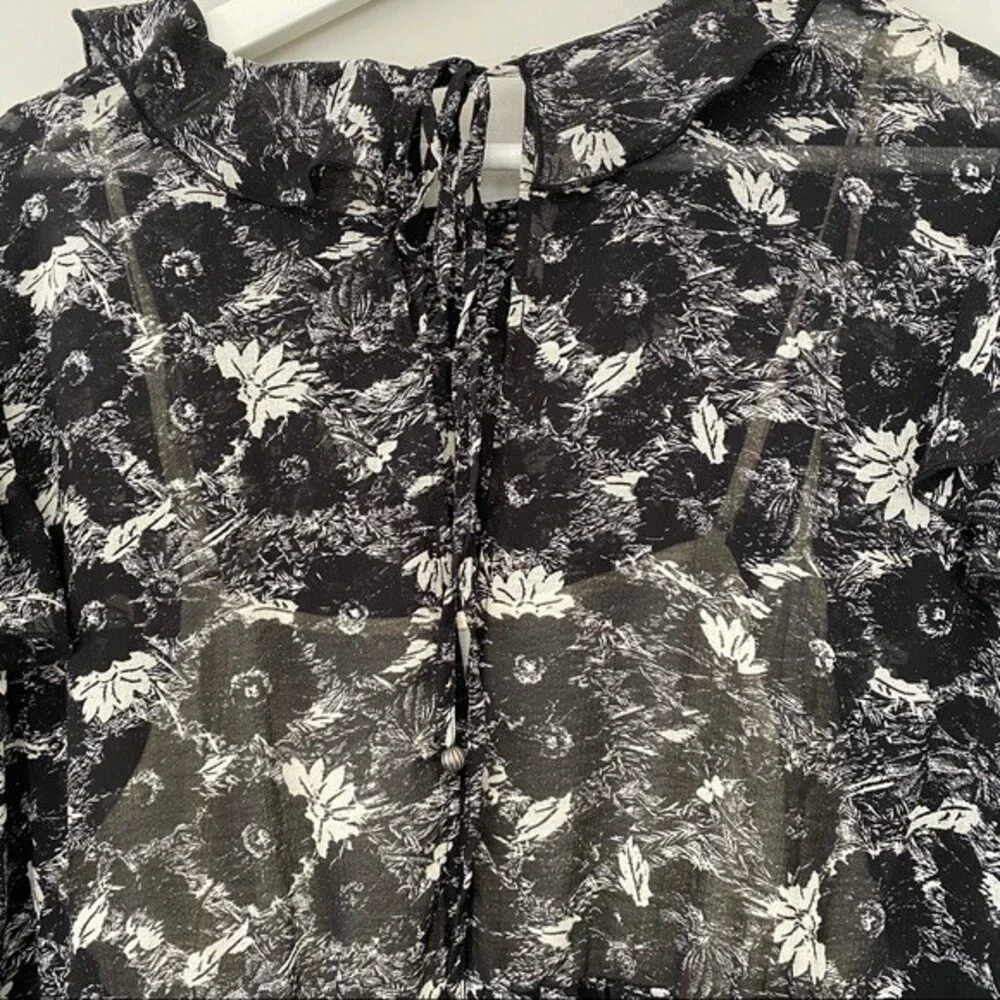 Free People Dress These Dreams Black White Long Sleeve Ruffle Shift Mini Medium